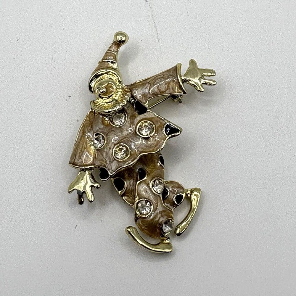 Vintage Brooch Pin Enamel Clown Pendant Articulated Rhinestone Whimsical Circus